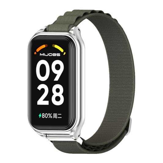 For Xiaomi Smart Band 8 Active / Redmi Band 2 Mijobs Metal Shell Nylon Breathable Watch Band(khaki Green Silver) - Watch Bands by MIJOBS | Online Shopping South Africa | PMC Jewellery | Buy Now Pay Later Mobicred