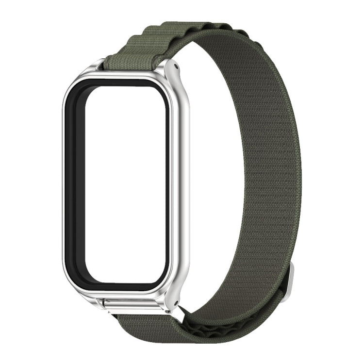For Xiaomi Smart Band 8 Active / Redmi Band 2 Mijobs Metal Shell Nylon Breathable Watch Band(khaki Green Silver)