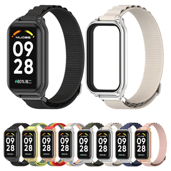 For Xiaomi Smart Band 8 Active / Redmi Band 2 Mijobs Metal Shell Nylon Breathable Watch Band(khaki Green Silver)