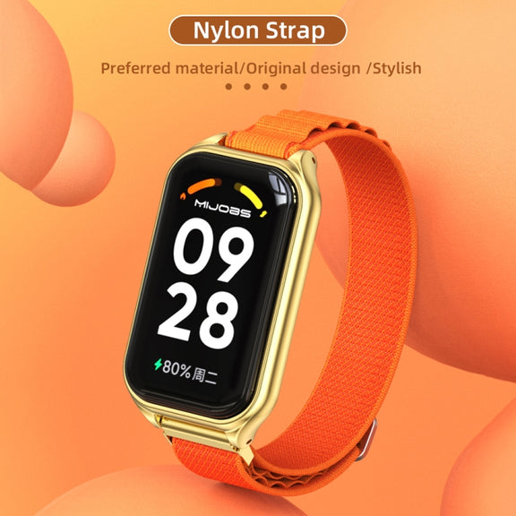 For Xiaomi Smart Band 8 Active / Redmi Band 2 Mijobs Metal Shell Nylon Breathable Watch Band(khaki Green Silver)