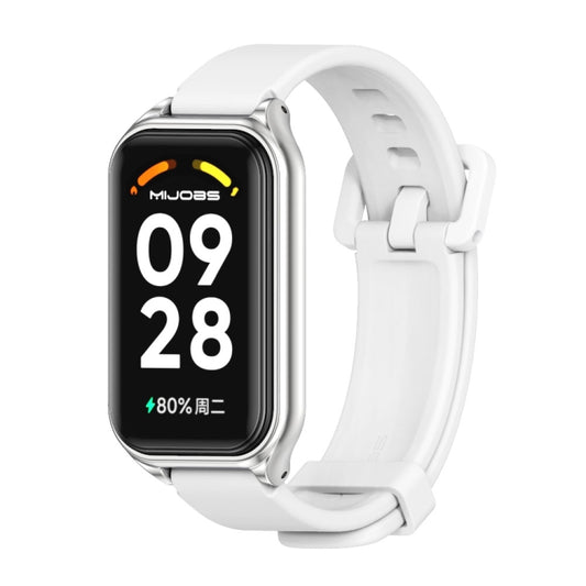 For Xiaomi Smart Band 8 Active / Redmi Band 2 Mijobs Metal Shell Silicone Watch Band(White Silver) - Watch Bands by MIJOBS | Online Shopping South Africa | PMC Jewellery | Buy Now Pay Later Mobicred