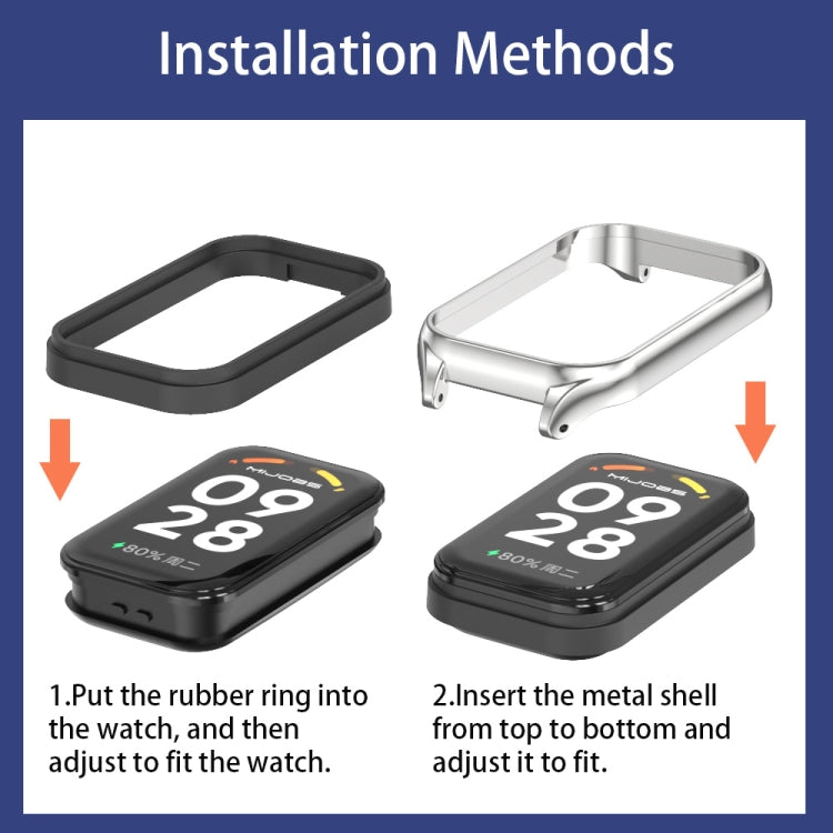 For Xiaomi Smart Band 8 Active / Redmi Band 2 Mijobs Metal Shell Silicone Watch Band(Black Silver)