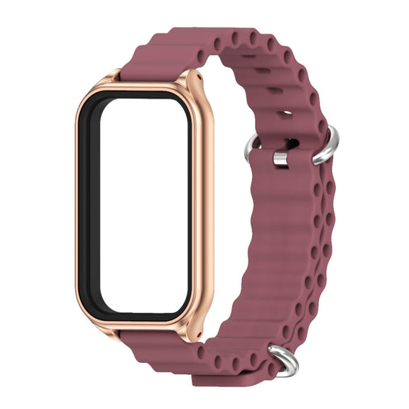 For Xiaomi Smart Band 8 Active / Redmi Band 2 Mijobs Metal Shell Ocean Silicone Watch Band(Wine Red Rose Gold)