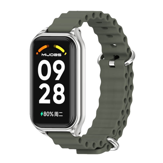 For Xiaomi Smart Band 8 Active / Redmi Band 2 Mijobs Metal Shell Ocean Silicone Watch Band(khaki Green Silver) - Watch Bands by MIJOBS | Online Shopping South Africa | PMC Jewellery | Buy Now Pay Later Mobicred