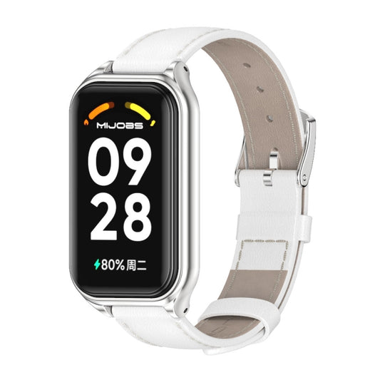 For Xiaomi Smart Band 8 Active / Redmi Band 2 Mijobs Metal Shell Genuine Leather Watch Band(White Silver) - free shipping - PMC Jewellery - Order now!