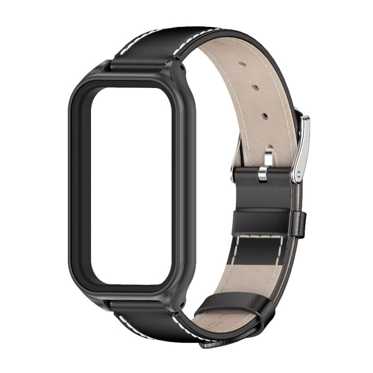 For Xiaomi Smart Band 8 Active / Redmi Band 2 Mijobs Metal Shell Genuine Leather Watch Band(Black) - Watch Bands by MIJOBS | Online Shopping South Africa | PMC TechLife | Buy Now Pay Later Mobicred