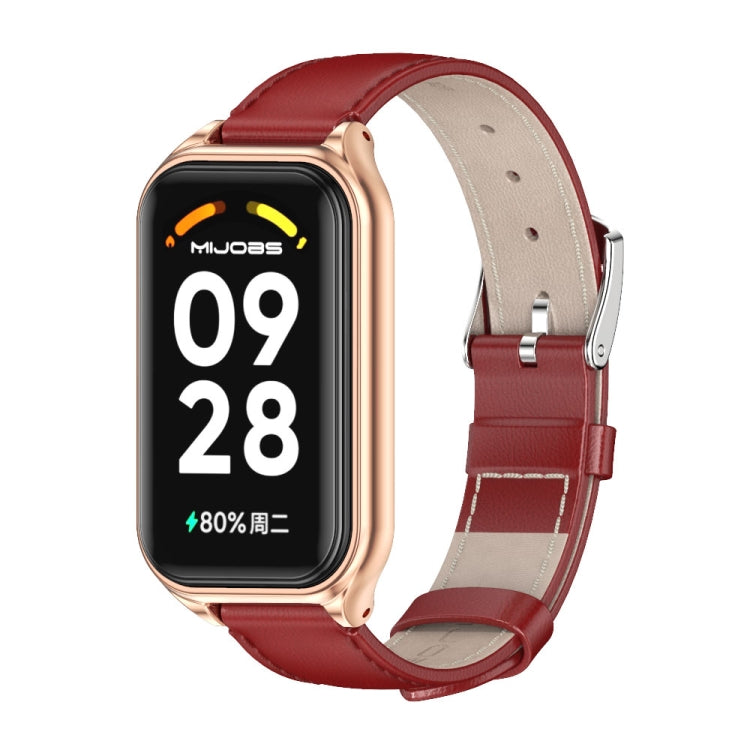 For Xiaomi Smart Band 8 Active / Redmi Band 2 Mijobs Metal Shell Genuine Leather Watch Band(Red Rose Gold) - Watch Bands by MIJOBS | Online Shopping South Africa | PMC TechLife | Buy Now Pay Later Mobicred