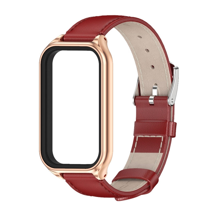 For Xiaomi Smart Band 8 Active / Redmi Band 2 Mijobs Metal Shell Genuine Leather Watch Band(Red Rose Gold)