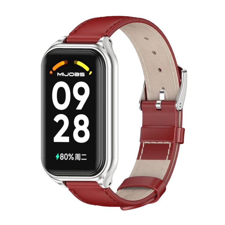 For Xiaomi Smart Band 8 Active / Redmi Band 2 Mijobs Metal Shell Genuine Leather Watch Band(Red Silver) - Watch Bands by MIJOBS | Online Shopping South Africa | PMC TechLife | Buy Now Pay Later Mobicred