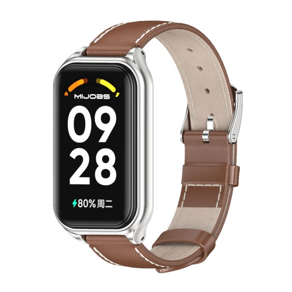 For Xiaomi Smart Band 8 Active / Redmi Band 2 Mijobs Metal Shell Genuine Leather Watch Band(Brown Silver)