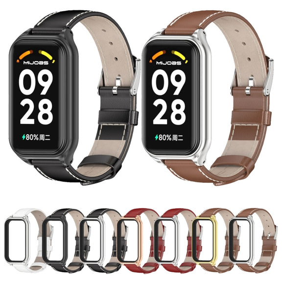 For Xiaomi Smart Band 8 Active / Redmi Band 2 Mijobs Metal Shell Genuine Leather Watch Band(Red Rose Gold)