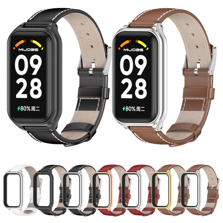For Xiaomi Smart Band 8 Active / Redmi Band 2 Mijobs Metal Shell Genuine Leather Watch Band(Brown Gold) - Watch Bands by MIJOBS | Online Shopping South Africa | PMC TechLife | Buy Now Pay Later Mobicred