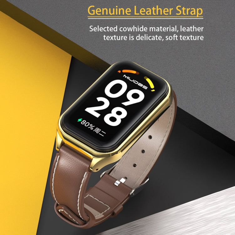 For Xiaomi Smart Band 8 Active / Redmi Band 2 Mijobs Metal Shell Genuine Leather Watch Band(Black Silver) - Watch Bands by MIJOBS | Online Shopping South Africa | PMC TechLife | Buy Now Pay Later Mobicred