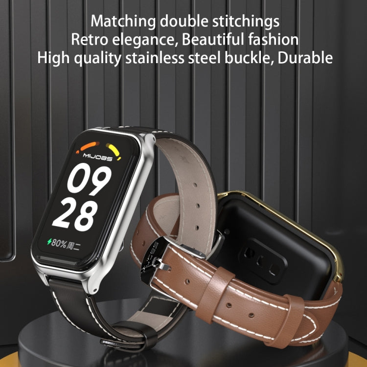 For Xiaomi Smart Band 8 Active / Redmi Band 2 Mijobs Metal Shell Genuine Leather Watch Band(Red Silver) - Watch Bands by MIJOBS | Online Shopping South Africa | PMC TechLife | Buy Now Pay Later Mobicred