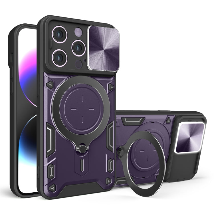 For iPhone 14 Pro CD Texture Sliding Camshield Magnetic Holder Phone Case(Purple) - free shipping - PMC TechLife - Order now!
