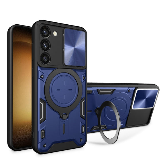For Samsung Galaxy S23 5G CD Texture Sliding Camshield Magnetic Holder Phone Case(Blue)