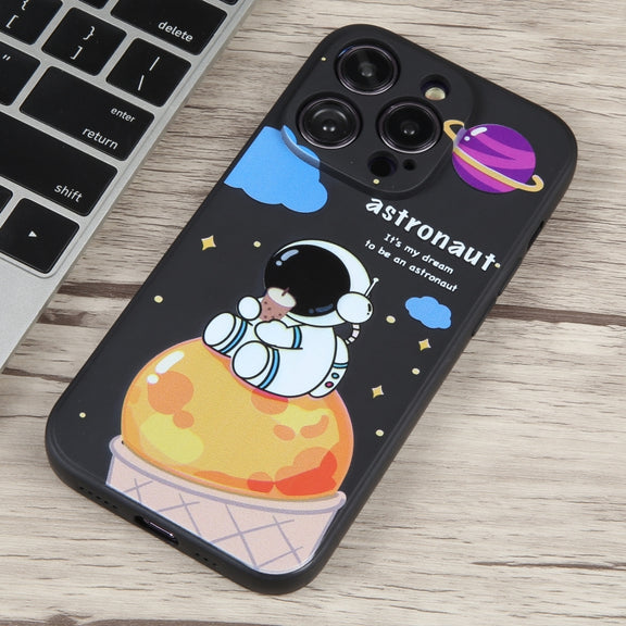 For iPhone 14 Pro Milk Tea Astronaut Pattern Liquid Silicone Phone Case(Ivory Black)