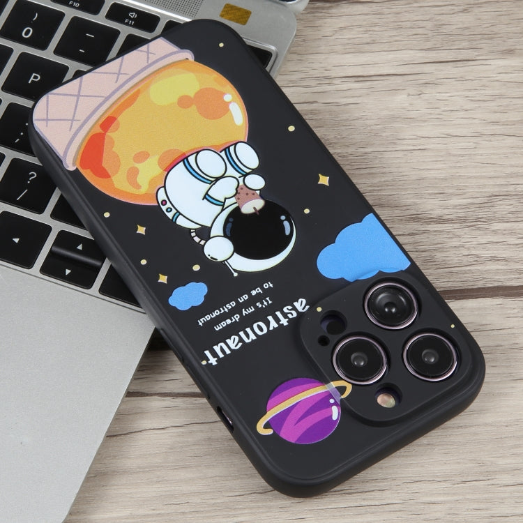 For iPhone 12 Milk Tea Astronaut Pattern Liquid Silicone Phone Case(Ivory Black)