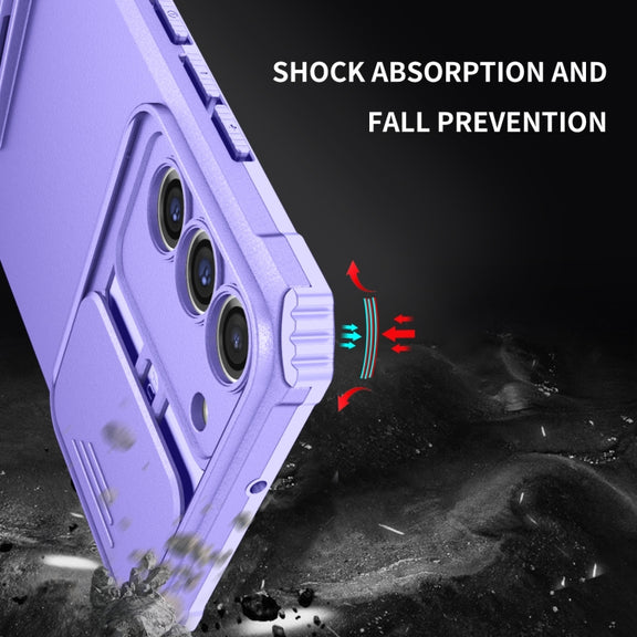 For Samsung Galaxy S22+ 5G Stereoscopic Holder Sliding Camshield Phone Case(Purple)