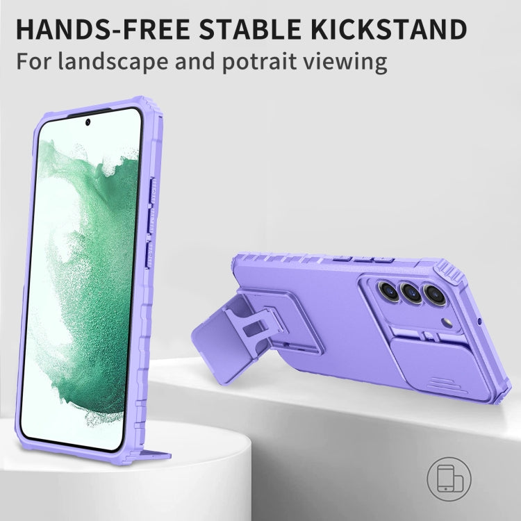 For Samsung Galaxy S22+ 5G Stereoscopic Holder Sliding Camshield Phone Case(Purple)