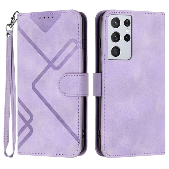 For Samsung Galaxy S21 Ultra 5G Line Pattern Skin Feel Leather Phone Case(Light Purple)