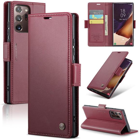 For Samsung Galaxy Note20 Ultra CaseMe 023 Butterfly Buckle Litchi Texture RFID Anti-theft Leather Phone Case(Wine Red)