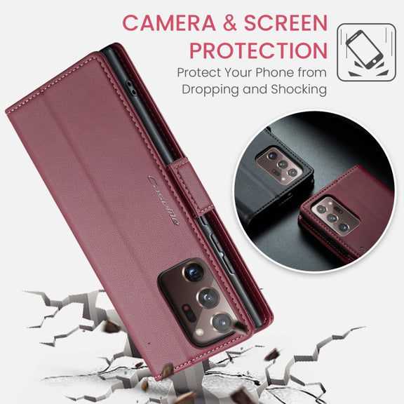 For Samsung Galaxy Note20 Ultra CaseMe 023 Butterfly Buckle Litchi Texture RFID Anti-theft Leather Phone Case(Wine Red)