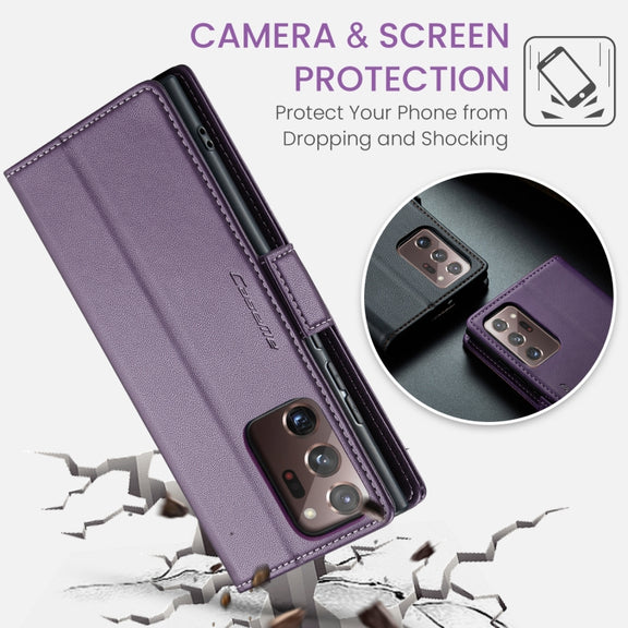 For Samsung Galaxy Note20 Ultra CaseMe 023 Butterfly Buckle Litchi Texture RFID Anti-theft Leather Phone Case(Pearly Purple)