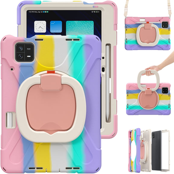 For Xiaomi Pad 6 / 6 Pro Silicone Hybrid PC Tablet Case with Holder & Shoulder Strap(Colorful Pink)