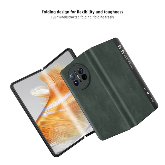 For Huawei Mate X3 Retro Magnetic Side Window View Leather Smart Phone Case(Green)