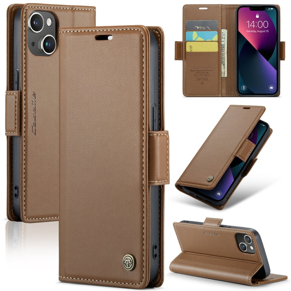 For iPhone 14 Plus CaseMe 023 Butterfly Buckle Litchi Texture RFID Anti-theft Leather Phone Case(Brown)