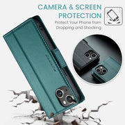 For iPhone 14 Plus CaseMe 023 Butterfly Buckle Litchi Texture RFID Anti-theft Leather Phone Case(Pearly Blue)