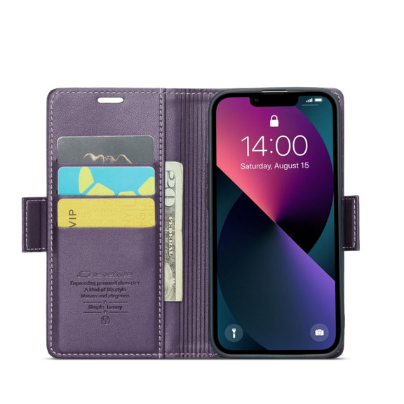 For iPhone 14 Plus CaseMe 023 Butterfly Buckle Litchi Texture RFID Anti-theft Leather Phone Case(Pearly Purple)