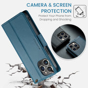 For iPhone 14 Pro CaseMe 023 Butterfly Buckle Litchi Texture RFID Anti-theft Leather Phone Case(Blue)