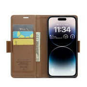 For iPhone 14 Pro Max CaseMe 023 Butterfly Buckle Litchi Texture RFID Anti-theft Leather Phone Case(Brown)