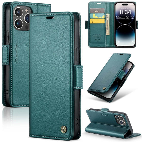 For iPhone 14 Pro Max CaseMe 023 Butterfly Buckle Litchi Texture RFID Anti-theft Leather Phone Case(Pearly Blue)