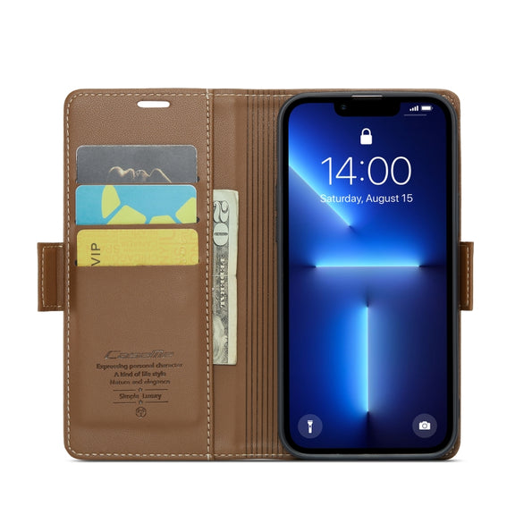 For iPhone 13 Pro CaseMe 023 Butterfly Buckle Litchi Texture RFID Anti-theft Leather Phone Case(Brown)