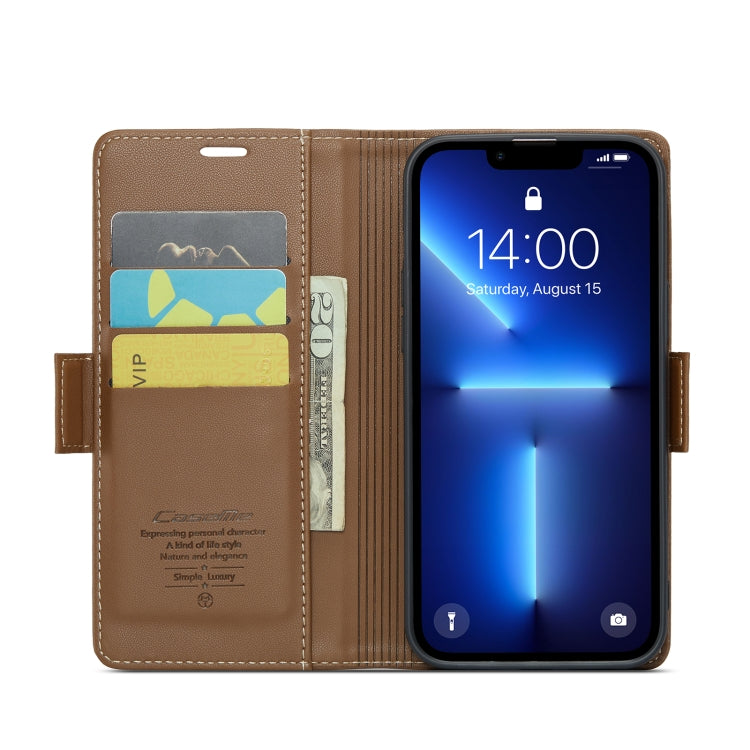 For iPhone 13 Pro Max CaseMe 023 Butterfly Buckle Litchi Texture RFID Anti-theft Leather Phone Case(Brown)
