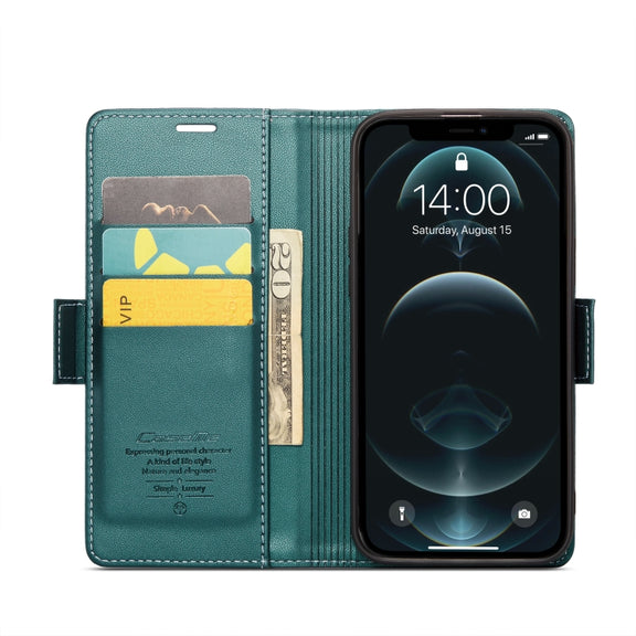 For iPhone 12 Pro Max CaseMe 023 Butterfly Buckle Litchi Texture RFID Anti-theft Leather Phone Case(Pearly Blue)