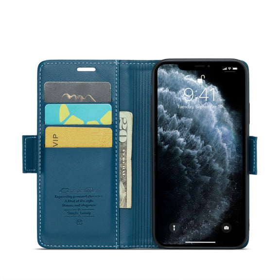 For iPhone 11 Pro Max CaseMe 023 Butterfly Buckle Litchi Texture RFID Anti-theft Leather Phone Case(Blue)