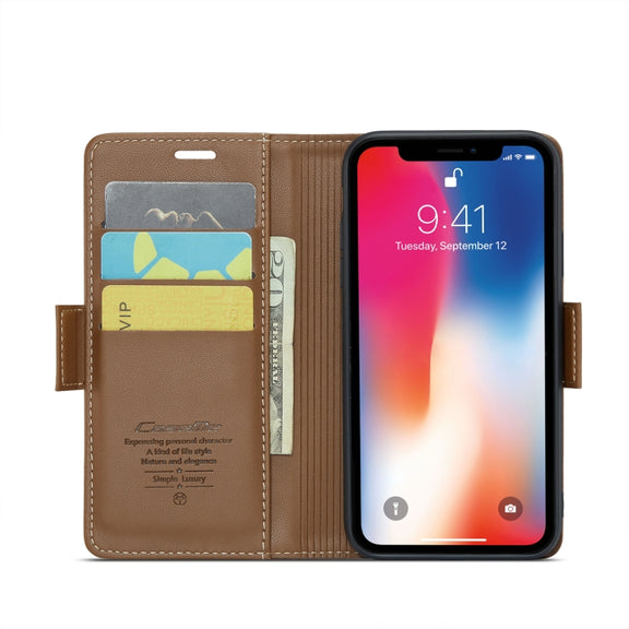 For iPhone XS Max CaseMe 023 Butterfly Buckle Litchi Texture RFID Anti-theft Leather Phone Case(Brown)