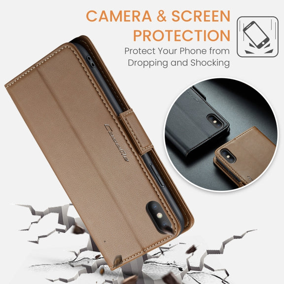 For iPhone XS Max CaseMe 023 Butterfly Buckle Litchi Texture RFID Anti-theft Leather Phone Case(Brown)