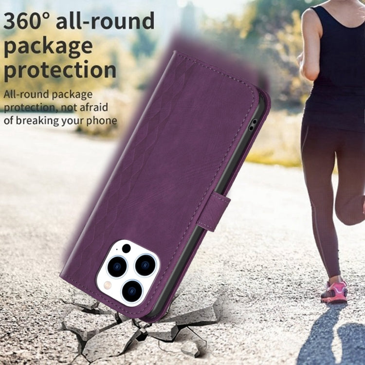 For iPhone 13 Pro Plaid Embossed Leather Phone Case(Purple)