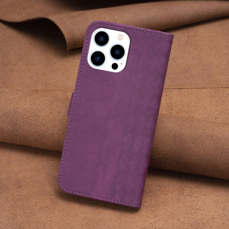 For iPhone 13 Pro Max Plaid Embossed Leather Phone Case(Purple)