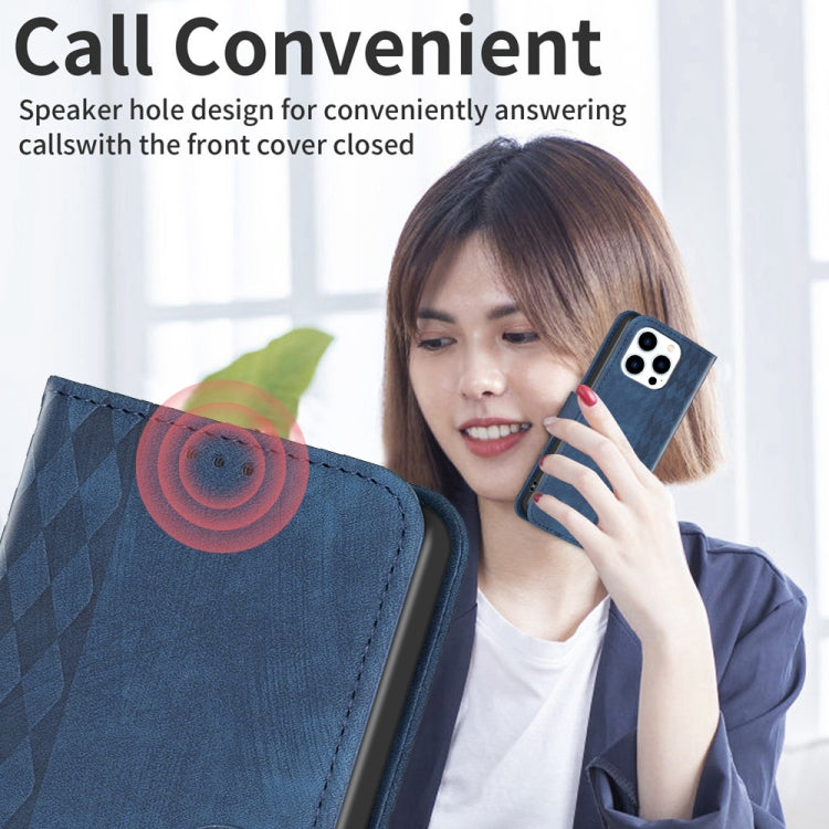 For iPhone 15 Pro Max Plaid Embossed Leather Phone Case(Blue)