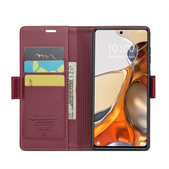 For Xiaomi 11T / 11T Pro CaseMe 023 Butterfly Buckle Litchi Texture RFID Anti-theft Leather Phone Case(Wine Red)