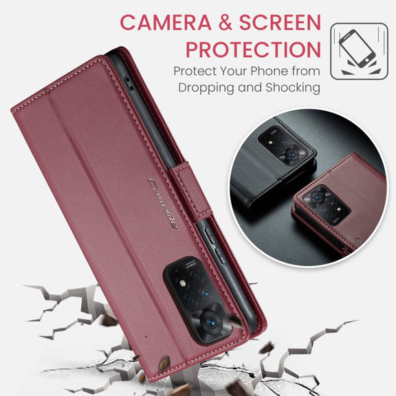 CaseMe 023 Butterfly Buckle Litchi Texture RFID Anti-theft Leather Phone Case For Xiaomi Redmi Note 11 Pro 5G Global/Redmi Note 11 Pro Global(Wine Red)