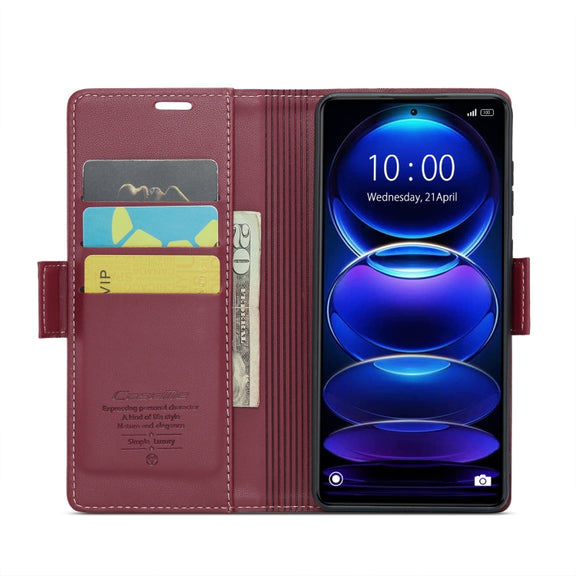 CaseMe 023 Butterfly Buckle Litchi Texture RFID Anti-theft Leather Phone Case For Xiaomi Poco X5 Pro 5G/Redmi Note 12 Pro 5G Global(Wine Red)