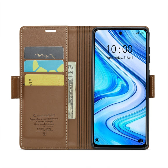 For Xiaomi Redmi Note 9S/Note 9 Pro/Note 9 Pro Max CaseMe 023 Butterfly Buckle Litchi Texture RFID Anti-theft Leather Phone Case(Brown)