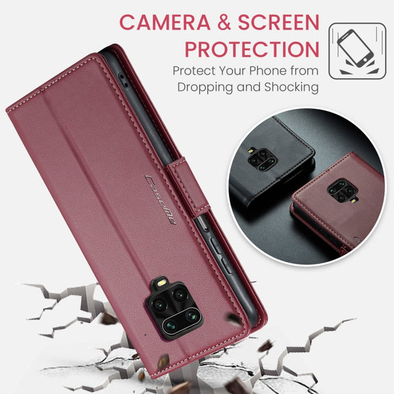 For Xiaomi Redmi Note 9S/Note 9 Pro/Note 9 Pro Max CaseMe 023 Butterfly Buckle Litchi Texture RFID Anti-theft Leather Phone Case(Wine Red)